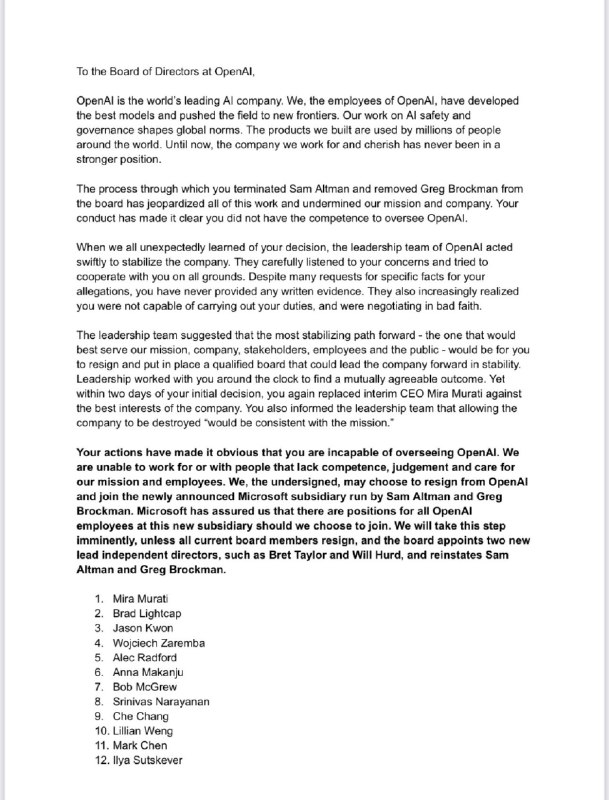 截止目前 600 多名 OpenAI 员工（共 770 名员工）签名要求董事会必须立刻全体辞职，召回 Sam 和 Greg ，签名包括 Mira 和 Ilya 