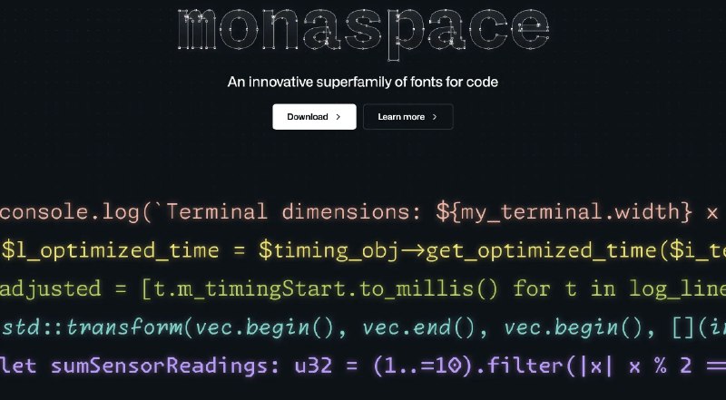 GitHub 发布的等宽代码字体家族，Monaspace，包含 5 种可变轴字体，可以混用